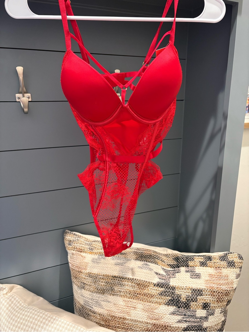 Victoria's Secret Very Sexy Bombshell Fishnet Lace Teddy Bodysuit Red Push Up SM